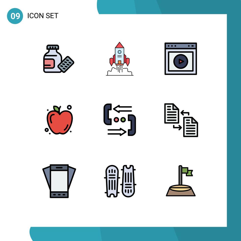 Mobile Interface Filledline Flat Color Set of 9 Pictograms of communication education play food website Editable Vector Design Elements
