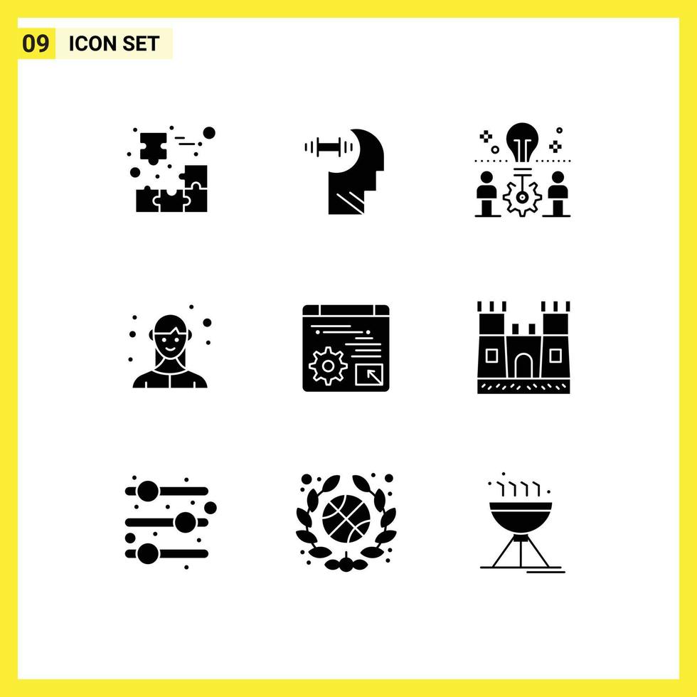 Modern Set of 9 Solid Glyphs Pictograph of business female head employee solution Editable Vector Design Elements