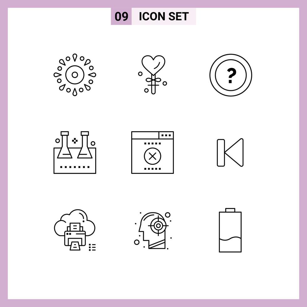 Group of 9 Modern Outlines Set for lab glassware erlenmeyer flask valentine chemical flask question Editable Vector Design Elements