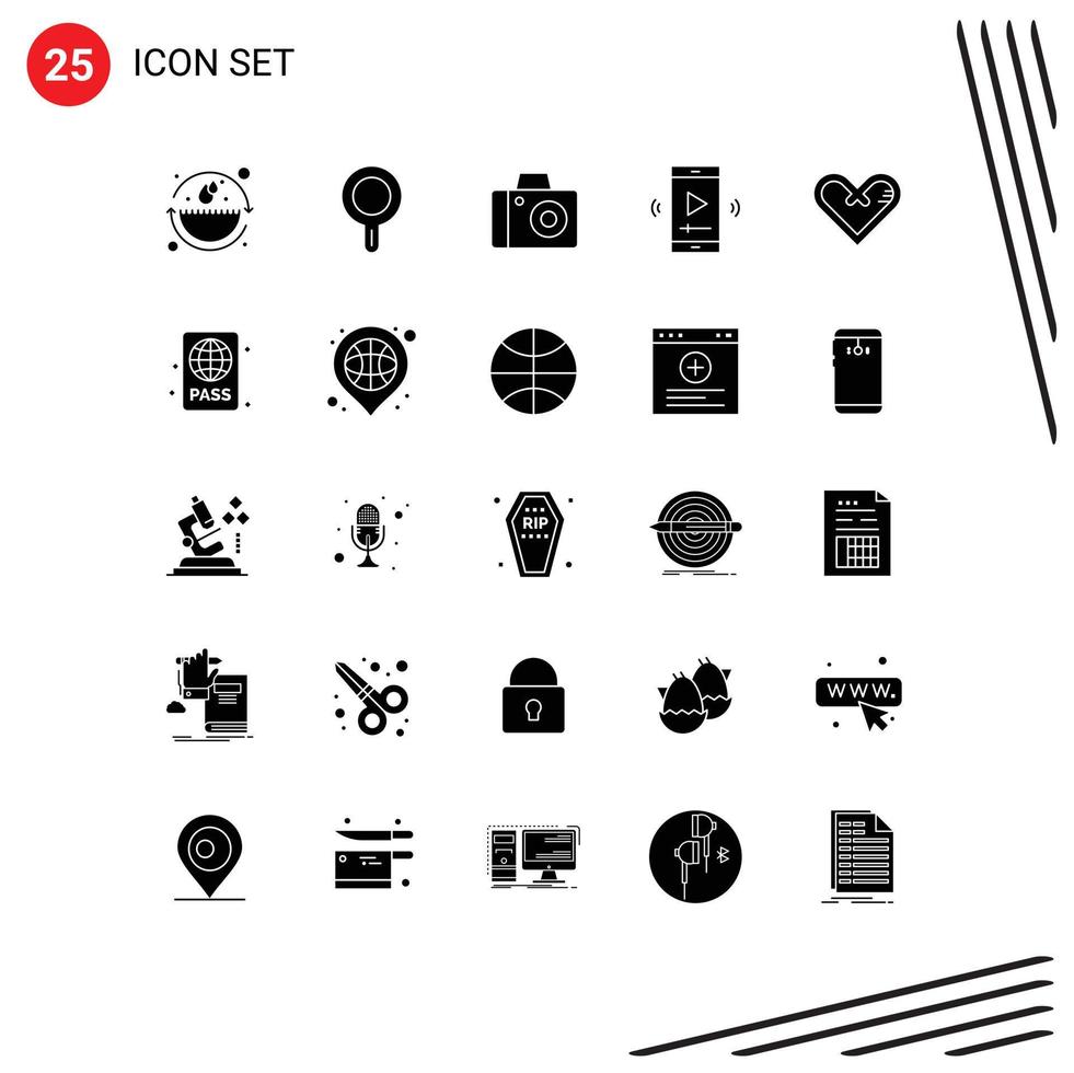 Modern Set of 25 Solid Glyphs Pictograph of like heart photo video player app multimedia Editable Vector Design Elements