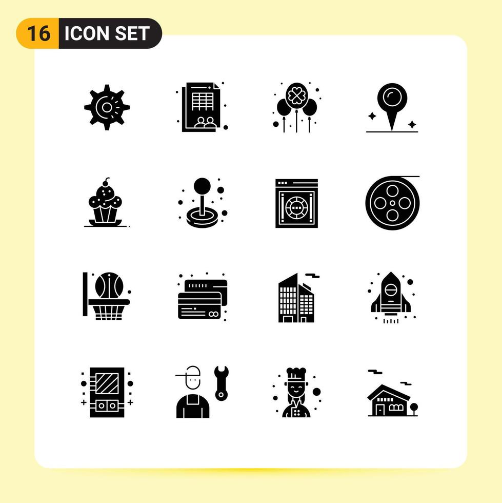 Group of 16 Modern Solid Glyphs Set for dessert marker balloon location irish Editable Vector Design Elements