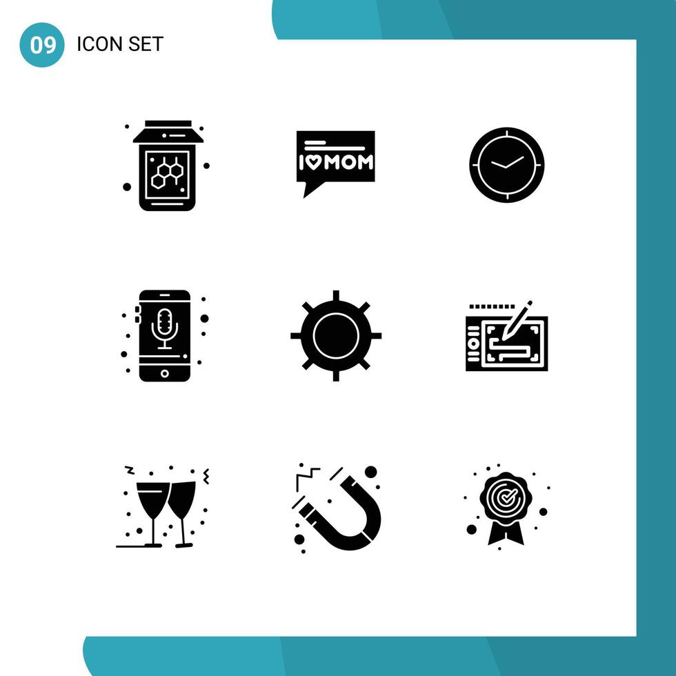 Set of 9 Commercial Solid Glyphs pack for set basic timer smartphone phone Editable Vector Design Elements