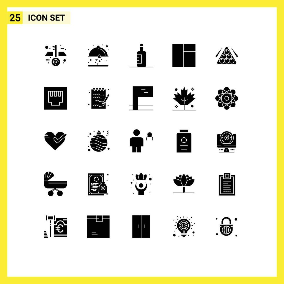 Pack of 25 creative Solid Glyphs of ethernet pool drink sport ball Editable Vector Design Elements