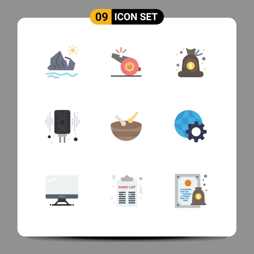 Pack of 9 creative Flat Colors of sound mic whistle record finance Editable Vector Design Elements
