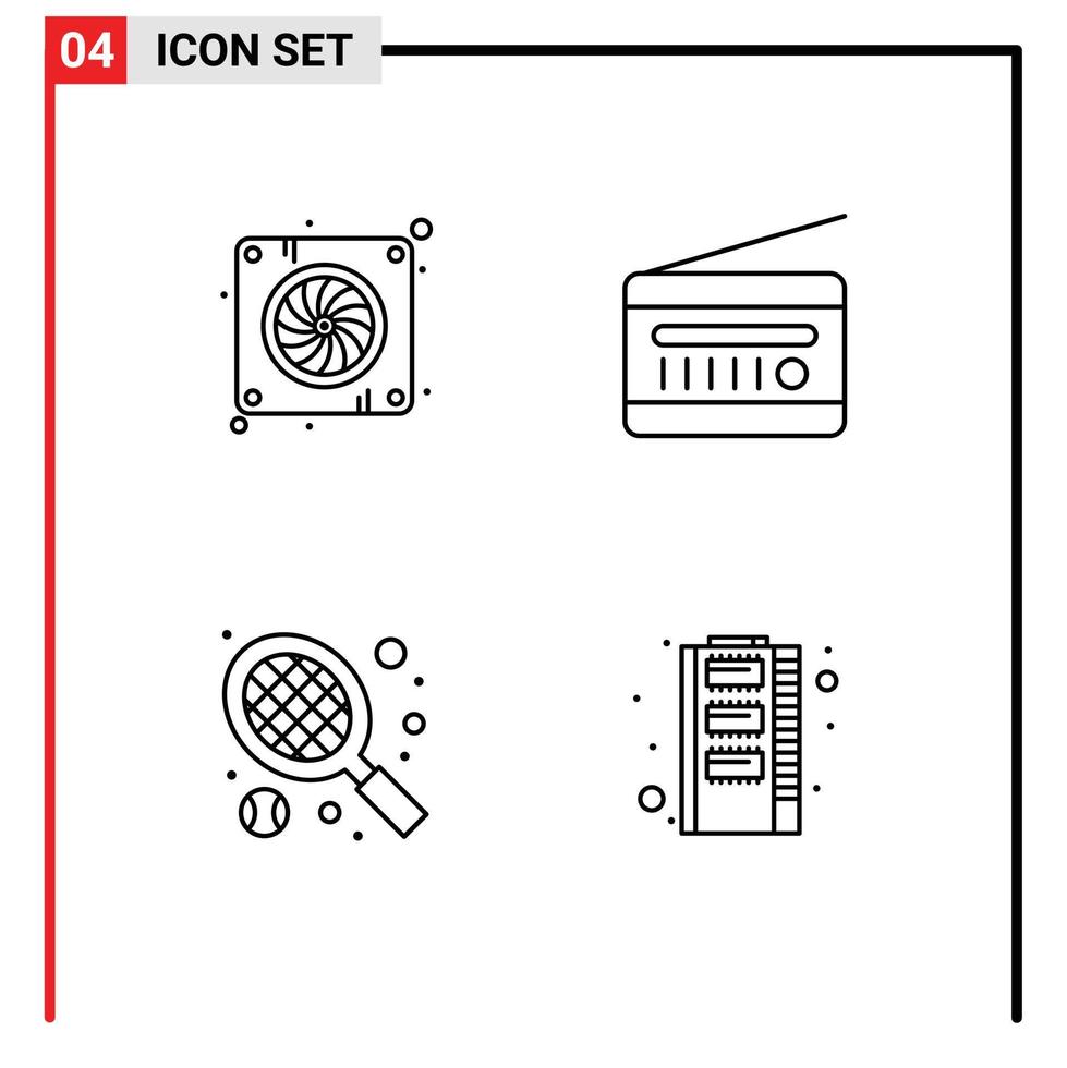 Modern Set of 4 Filledline Flat Colors Pictograph of computer racket hardware radio tennis Editable Vector Design Elements