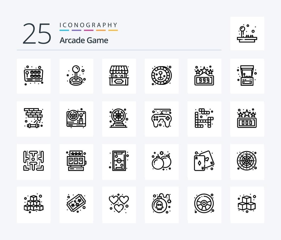 Arcade 25 Line icon pack including game. high score. ticket office. game. coin vector