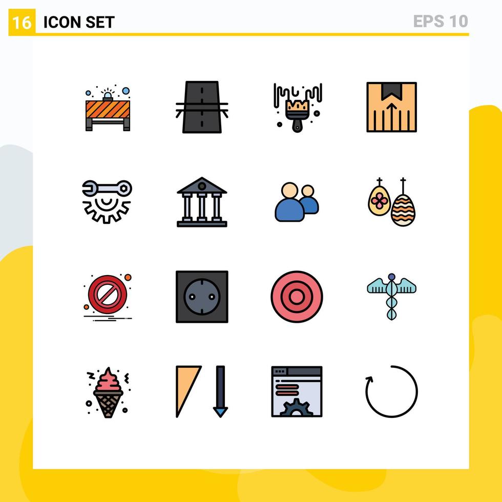 Modern Set of 16 Flat Color Filled Lines Pictograph of wrench wheel shipping services highway logistic hobby Editable Creative Vector Design Elements