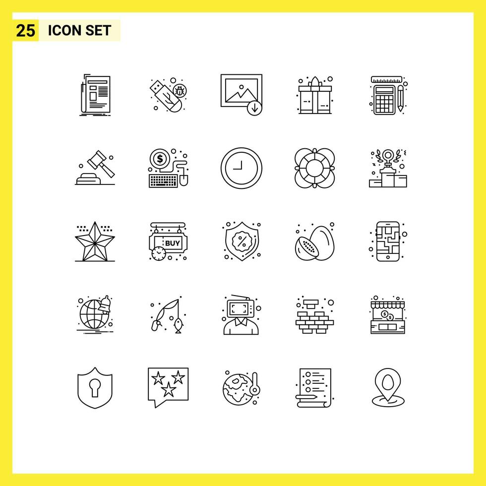 25 Thematic Vector Lines and Editable Symbols of tools present usb gift mountain Editable Vector Design Elements