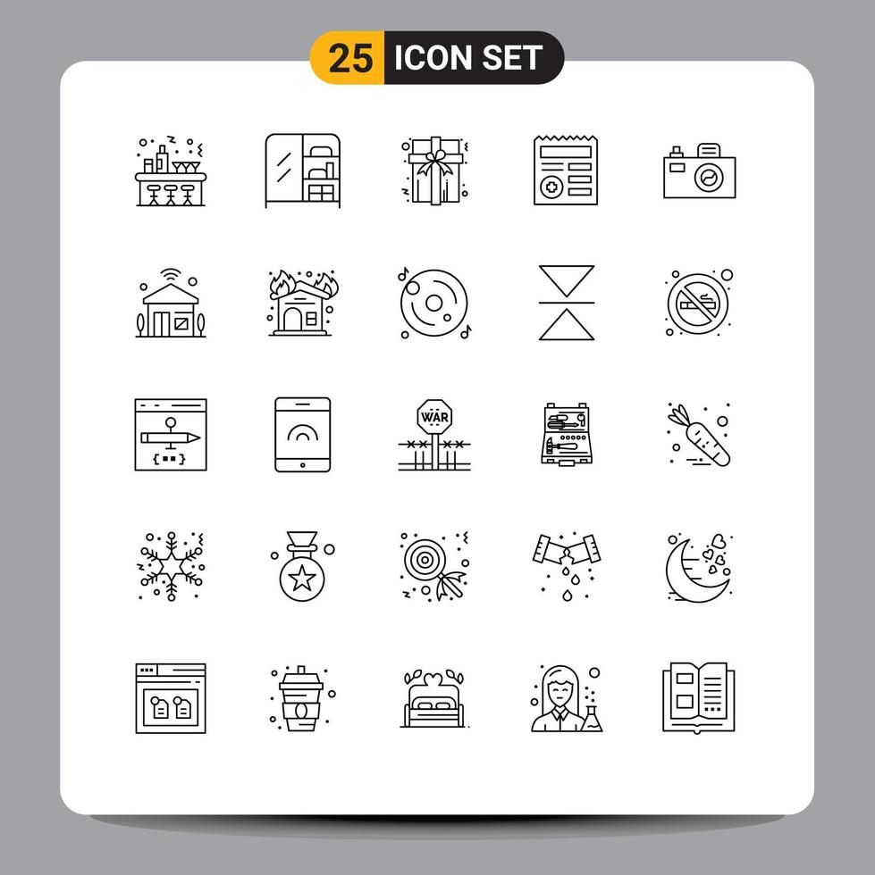 User Interface Pack of 25 Basic Lines of house image gift camera ui Editable Vector Design Elements