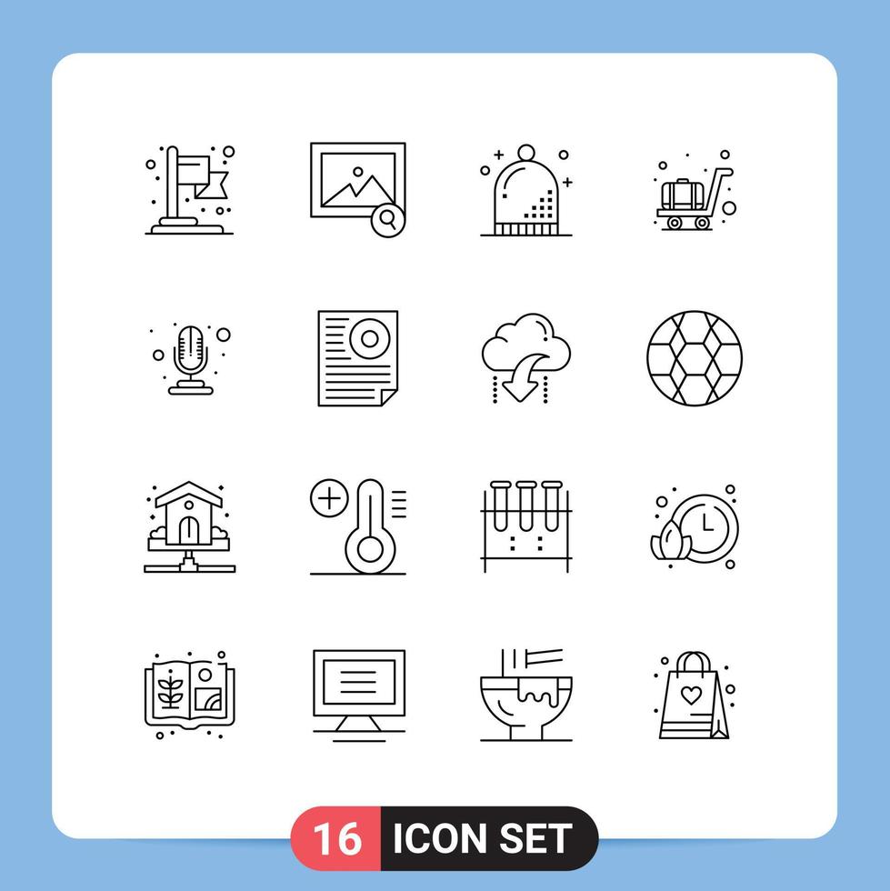 Outline Pack of 16 Universal Symbols of data microphone hat mic luggage Editable Vector Design Elements