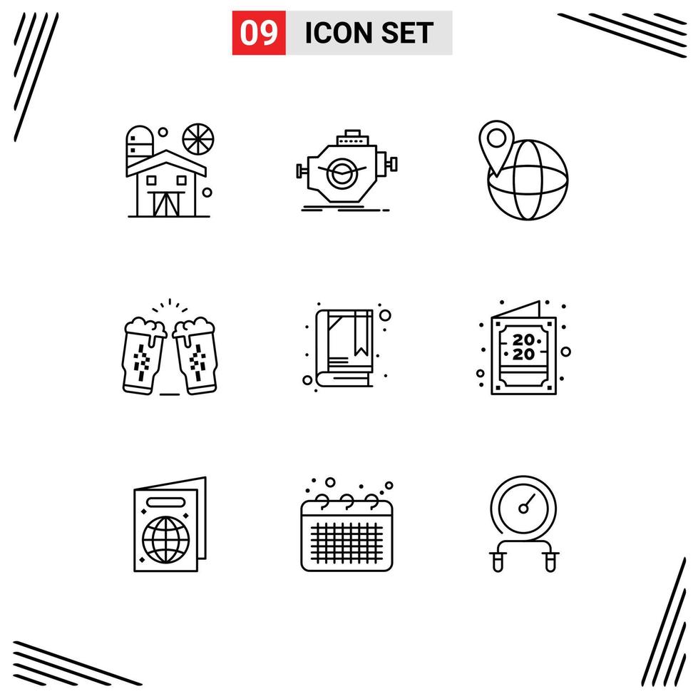 Group of 9 Outlines Signs and Symbols for book glass performance wine beer Editable Vector Design Elements