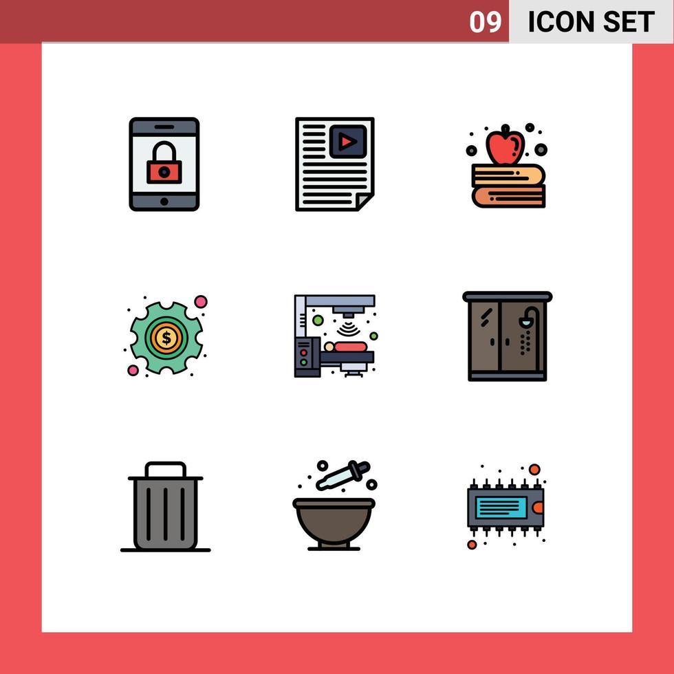 Group of 9 Modern Filledline Flat Colors Set for radiation machine apple education settings money Editable Vector Design Elements