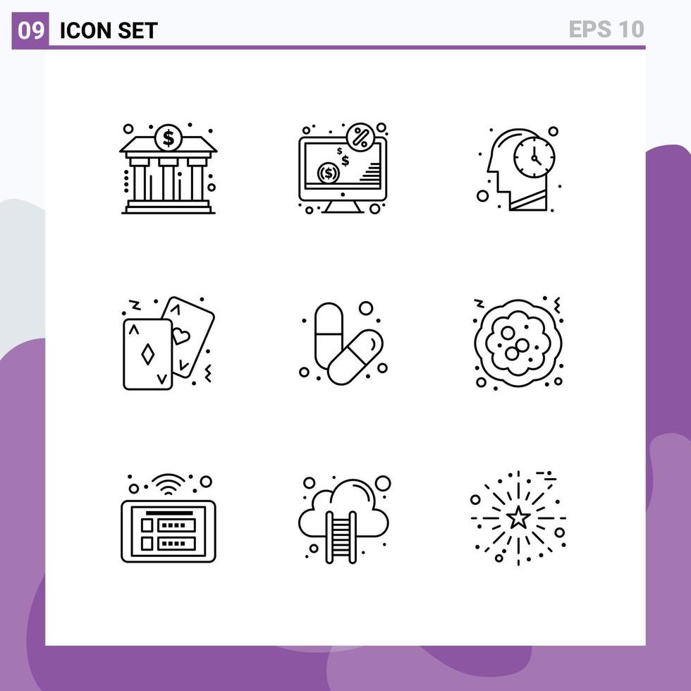 Pack of 9 creative Outlines of card poker monitor game time Editable Vector Design Elements