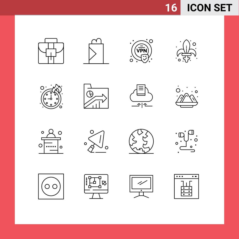 Group of 16 Modern Outlines Set for business time vpn deadline sword Editable Vector Design Elements