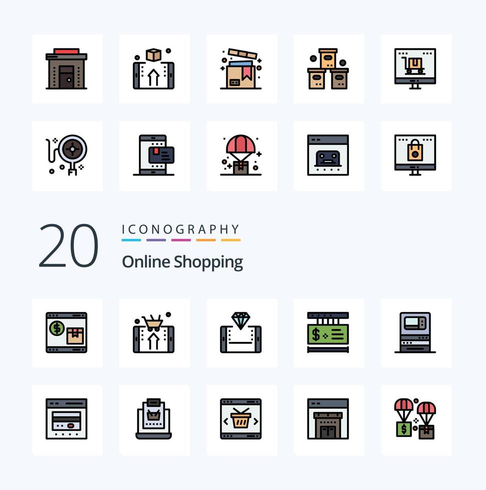 20 Online Shopping Line Filled Color icon Pack like money bank shopping atm online vector