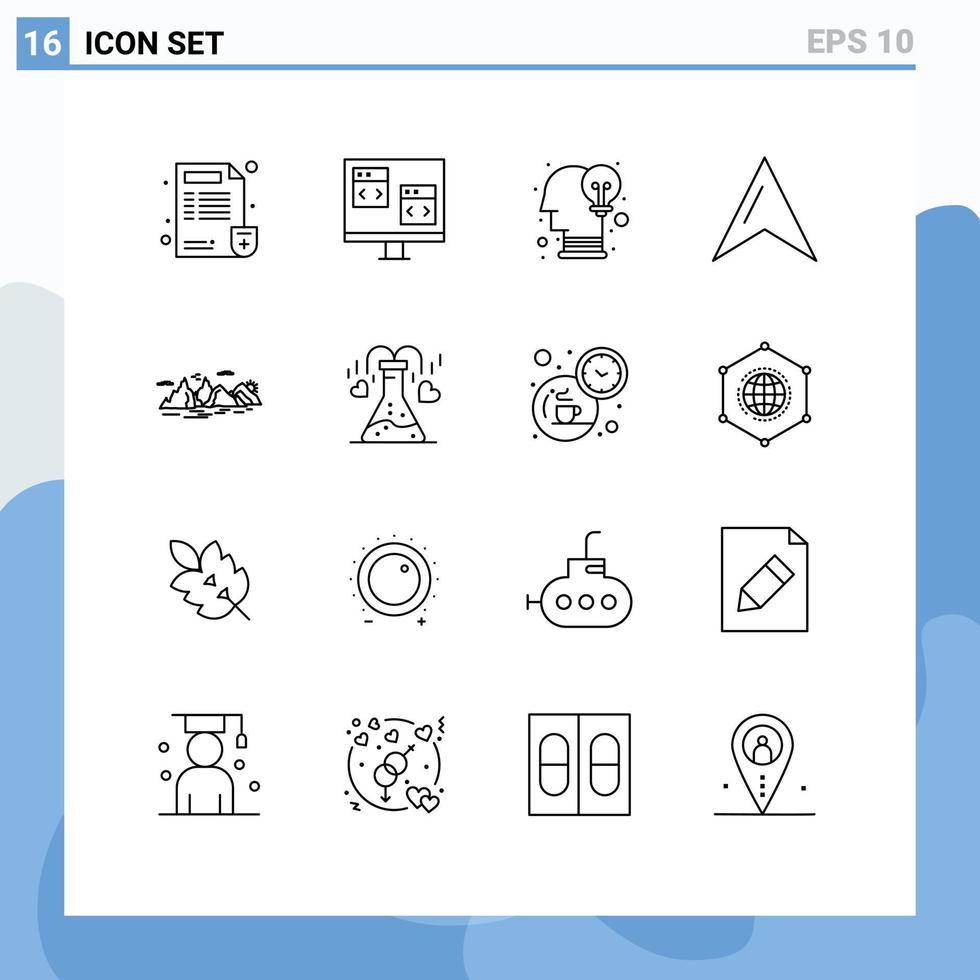 Mobile Interface Outline Set of 16 Pictograms of hill pointer development map opinion Editable Vector Design Elements