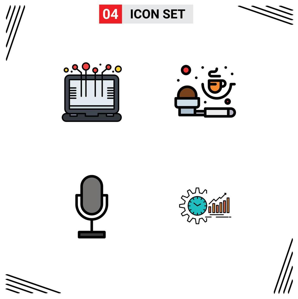 Group of 4 Modern Filledline Flat Colors Set for smart technology broadcast laptop measuring spoon microphone Editable Vector Design Elements