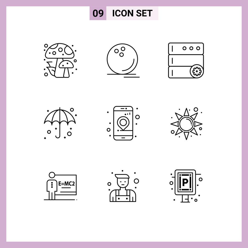 Stock Vector Icon Pack of 9 Line Signs and Symbols for location app control wet umbrella Editable Vector Design Elements