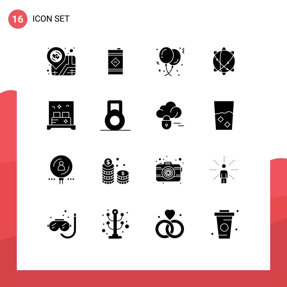 Solid Glyph Pack of 16 Universal Symbols of bed internet balloons globe birthday Editable Vector Design Elements