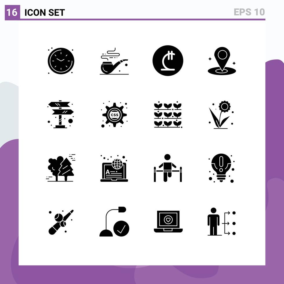 Group of 16 Modern Solid Glyphs Set for navigation road trip currency directions navigation Editable Vector Design Elements