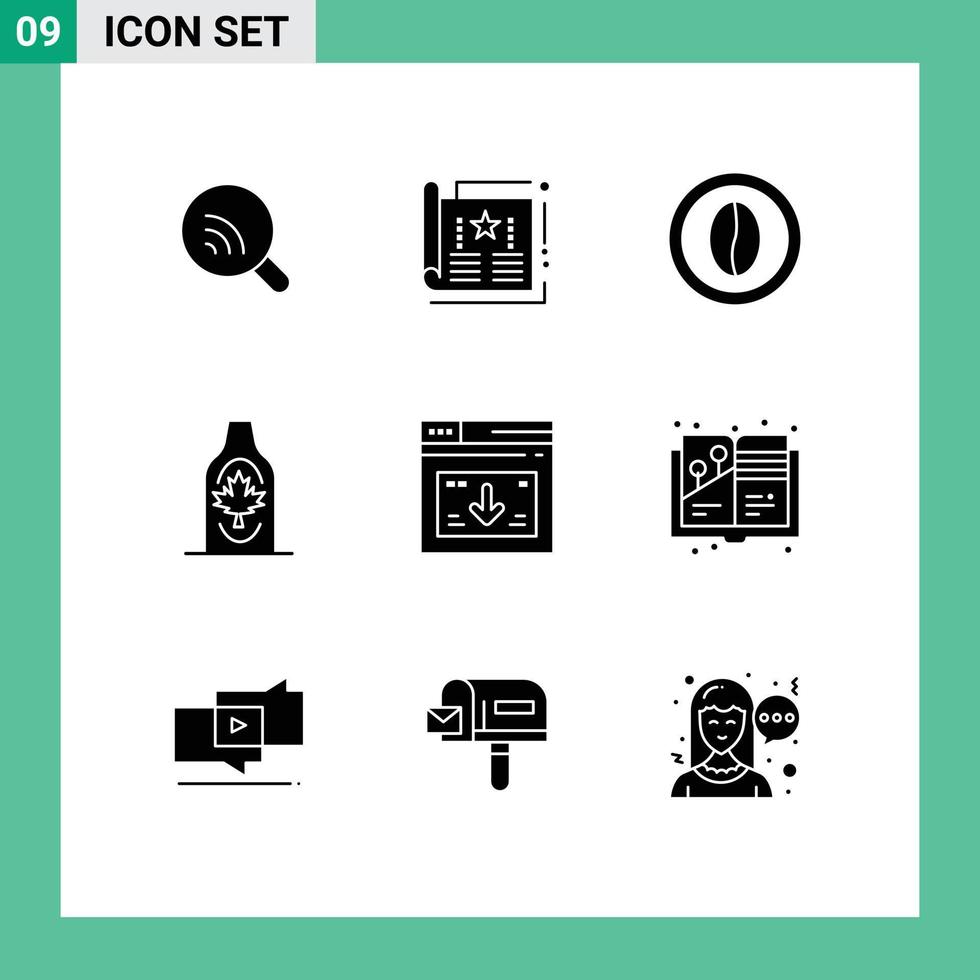 Modern Set of 9 Solid Glyphs and symbols such as leaf autumn magazine bottle food Editable Vector Design Elements