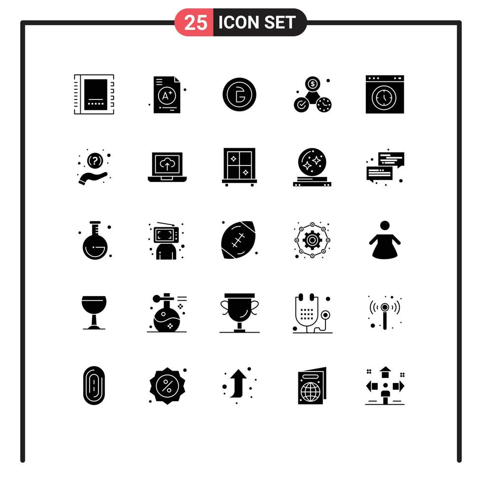 User Interface Pack of 25 Basic Solid Glyphs of perfection money school clock finance Editable Vector Design Elements
