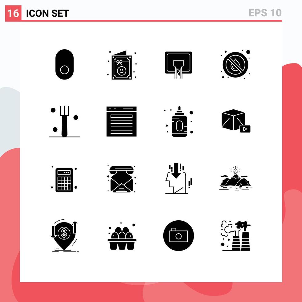 Set of 16 Vector Solid Glyphs on Grid for kitchen weather basket water no Editable Vector Design Elements