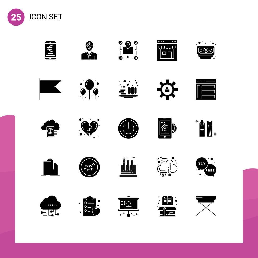 Modern Set of 25 Solid Glyphs and symbols such as online browser light pointer chip Editable Vector Design Elements