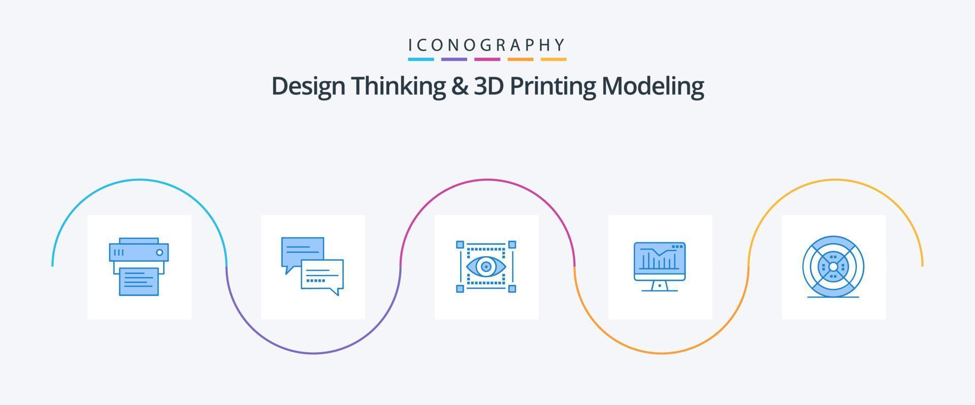 Design Thinking And D Printing Modeling Blue 5 Icon Pack Including filament. monitor. visual. graph. computer vector