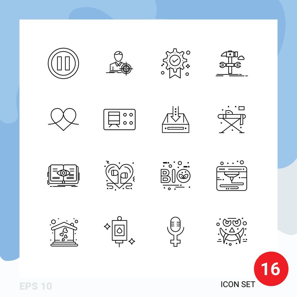 Editable Vector Line Pack of 16 Simple Outlines of heart service badge repair engineering Editable Vector Design Elements