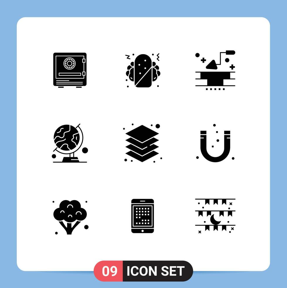 Modern Set of 9 Solid Glyphs and symbols such as trip world fast food globe trowel Editable Vector Design Elements