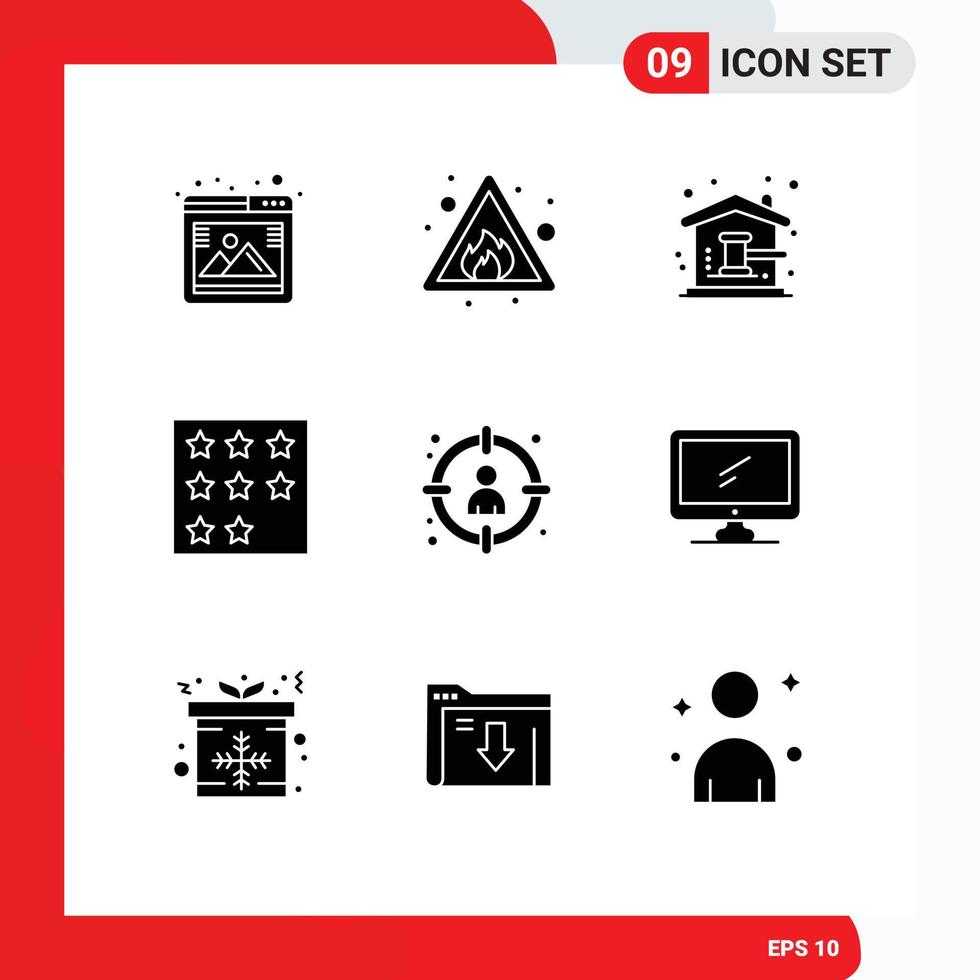 Set of 9 Commercial Solid Glyphs pack for star office auction business house Editable Vector Design Elements