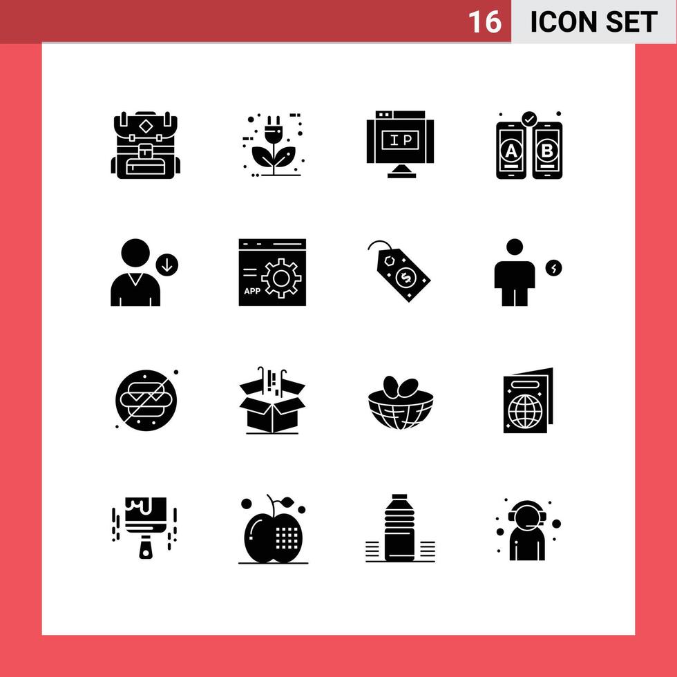 Group of 16 Modern Solid Glyphs Set for user down internet mobile development Editable Vector Design Elements