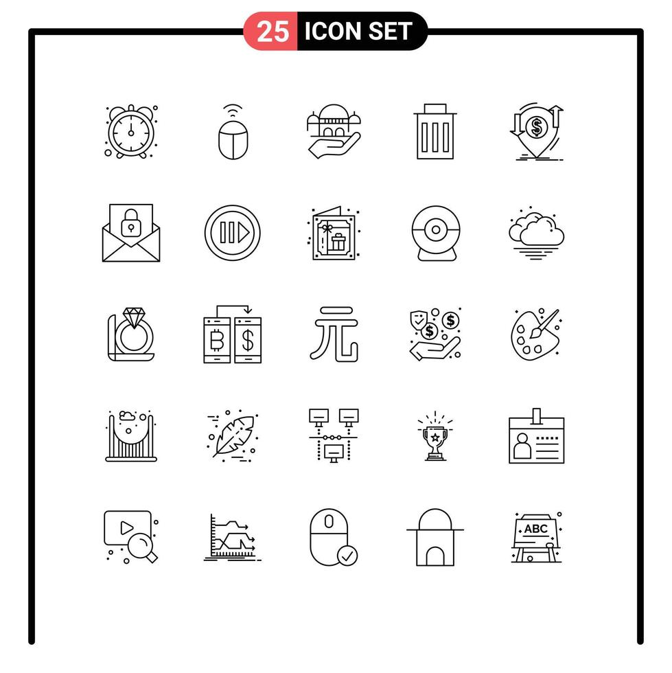 Stock Vector Icon Pack of 25 Line Signs and Symbols for finance financial charity transaction trash Editable Vector Design Elements