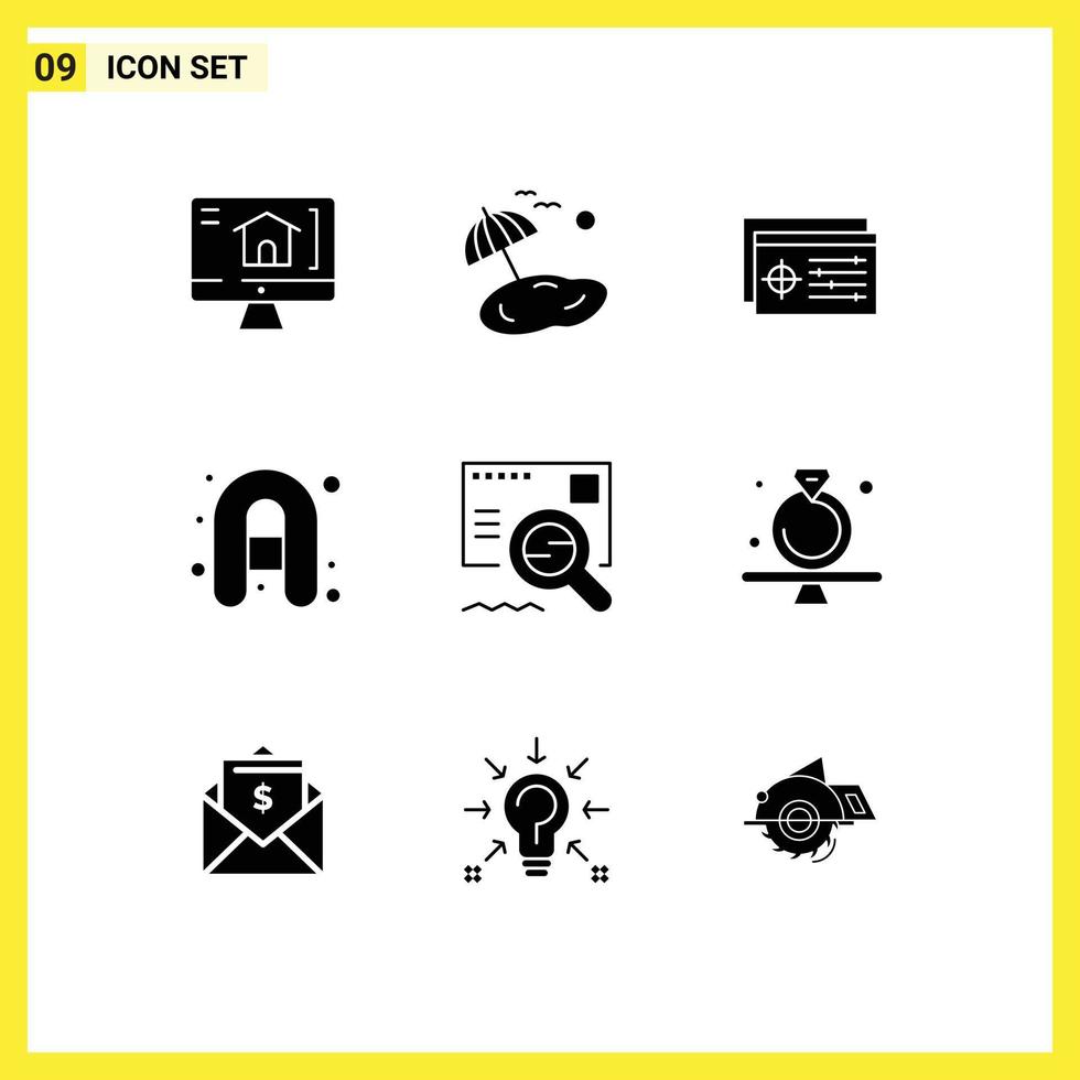 9 Universal Solid Glyph Signs Symbols of search email controller check camping Editable Vector Design Elements