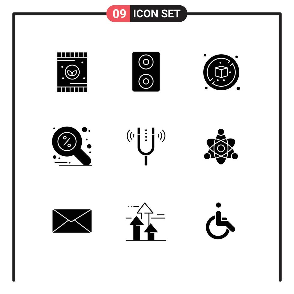 universal icono símbolos grupo de 9 9 moderno sólido glifos de átomo tono descuento kamerton concierto editable vector diseño elementos
