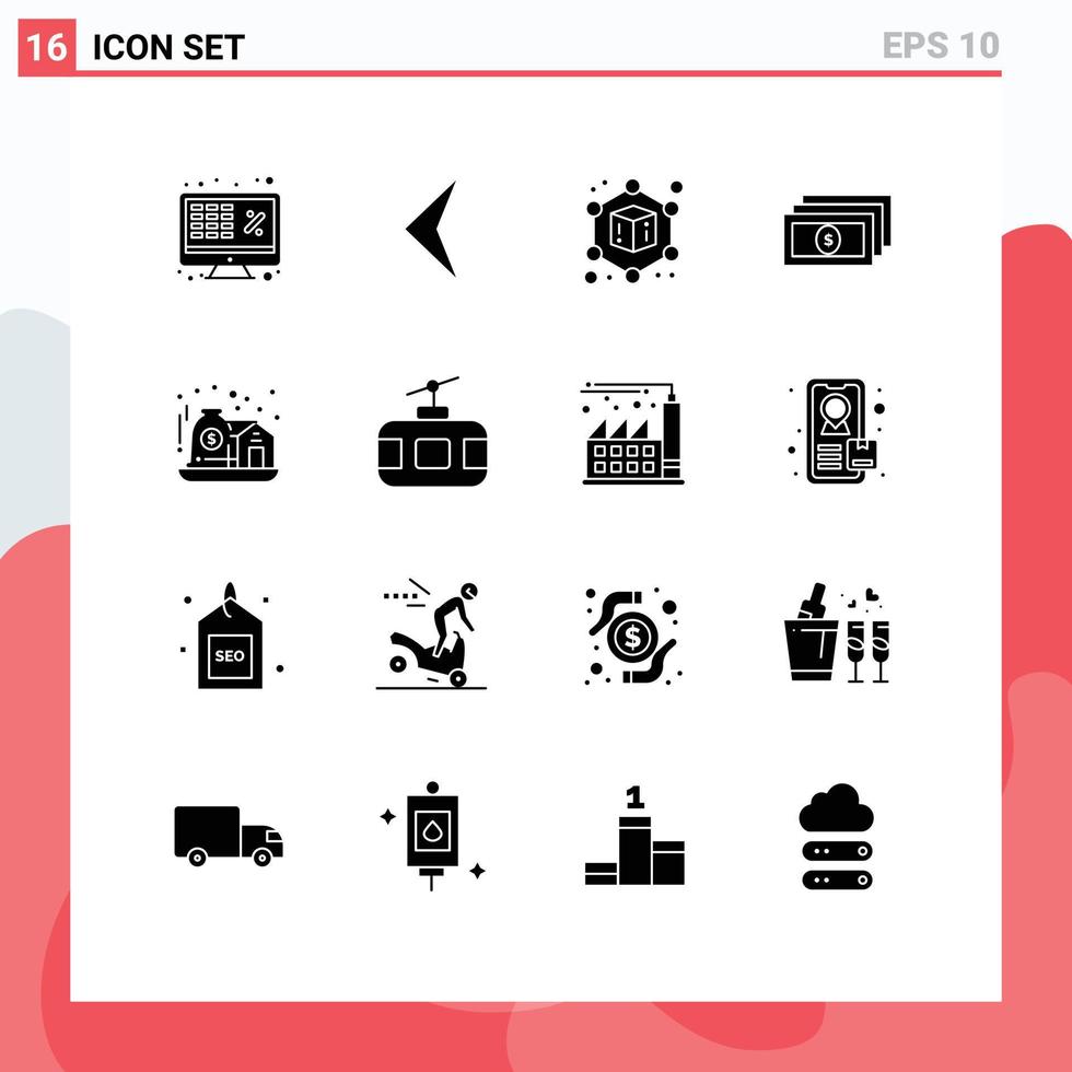 Set of 16 Commercial Solid Glyphs pack for cable car investment cube home cash Editable Vector Design Elements