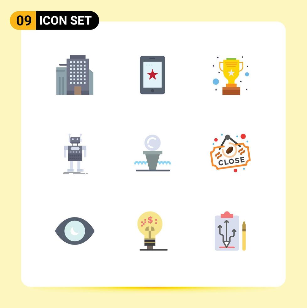 Mobile Interface Flat Color Set of 9 Pictograms of court technology cup bot android Editable Vector Design Elements