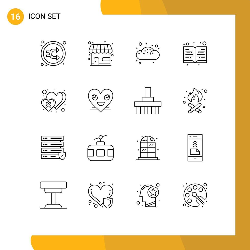 moderno conjunto de dieciséis contornos y símbolos tal como corazón leer Tienda educación Pastelería editable vector diseño elementos