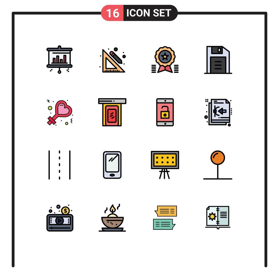 16 Universal Flat Color Filled Lines Set for Web and Mobile Applications woman female award retro floppy disk Editable Creative Vector Design Elements