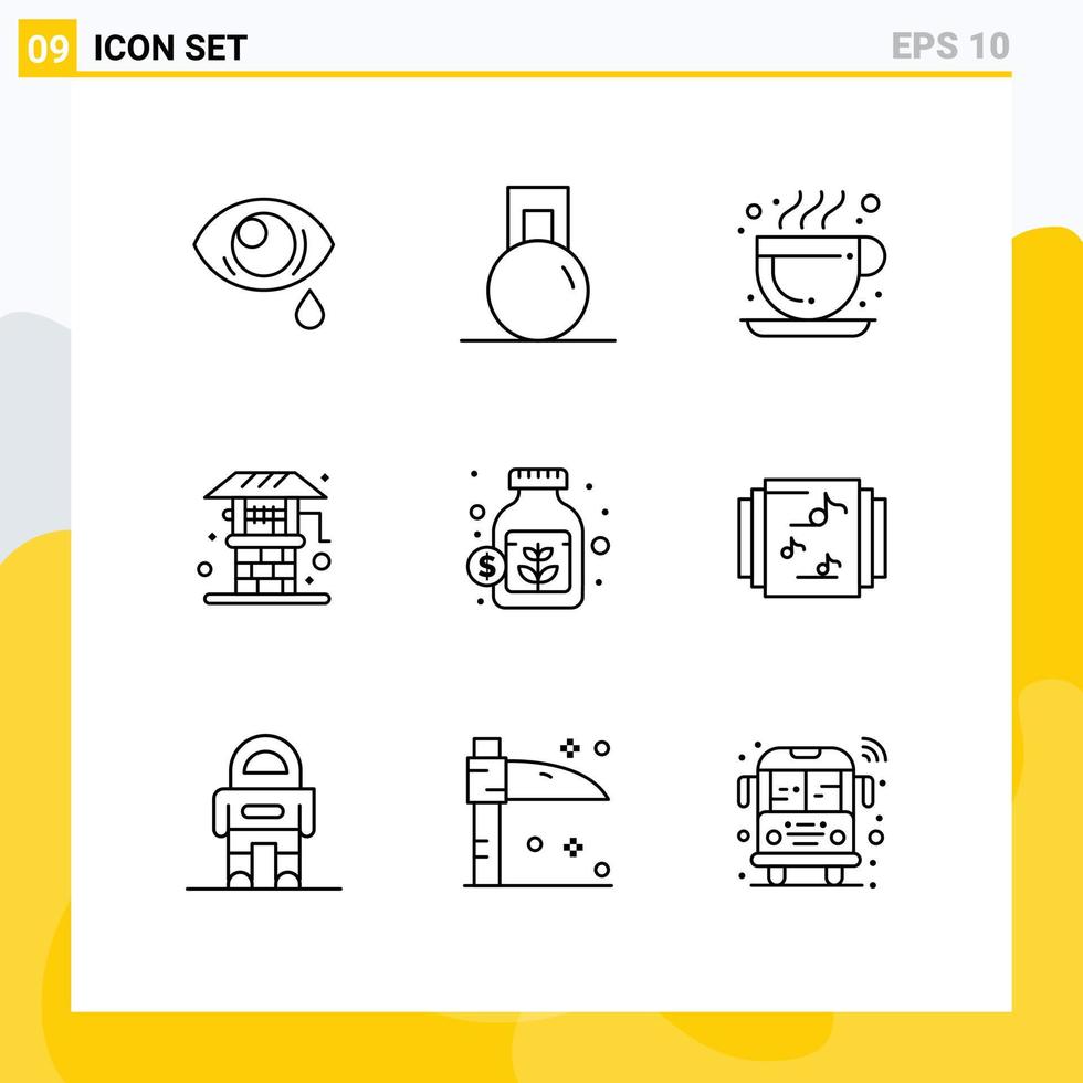 Modern Set of 9 Outlines and symbols such as money currency cafe well farm Editable Vector Design Elements