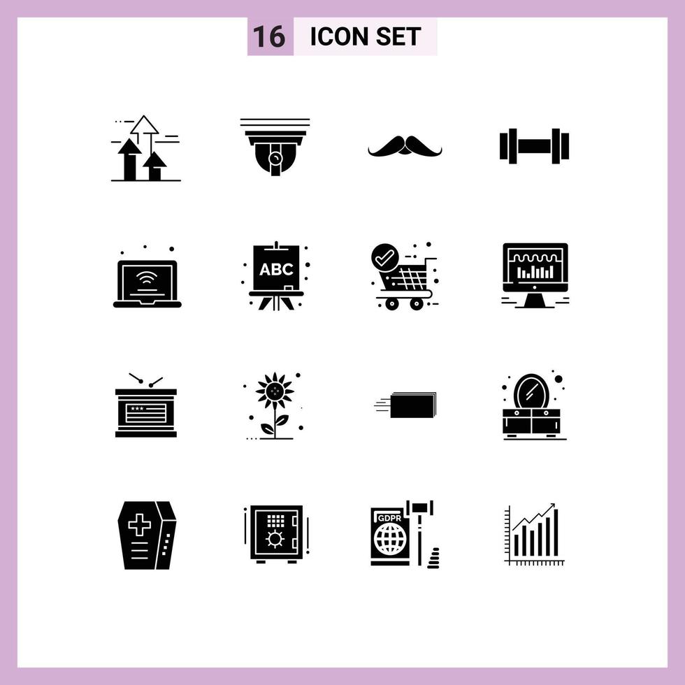16 User Interface Solid Glyph Pack of modern Signs and Symbols of internet tools cam dumbbells male Editable Vector Design Elements