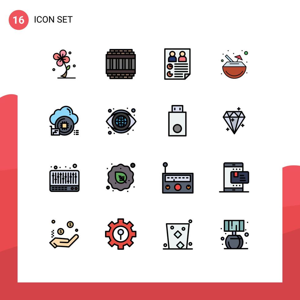 Group of 16 Flat Color Filled Lines Signs and Symbols for coconut carnival prison drink report Editable Creative Vector Design Elements