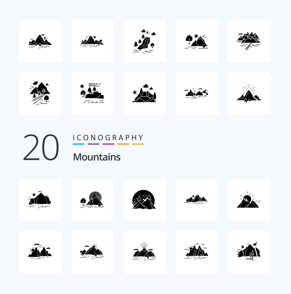 20 Mountains Solid Glyph icon Pack like tree tree landscape mountain hill vector