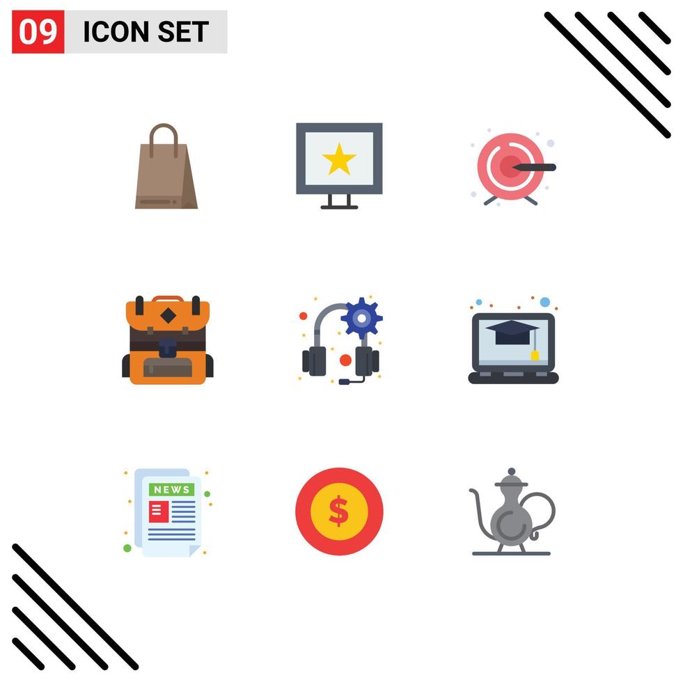 Modern Set of 9 Flat Colors and symbols such as study education target headset gear Editable Vector Design Elements