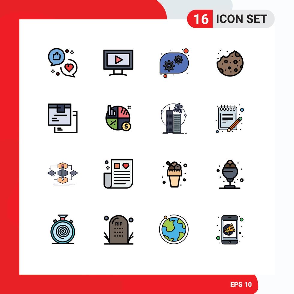 16 Thematic Vector Flat Color Filled Lines and Editable Symbols of goods box gear food cookie Editable Creative Vector Design Elements