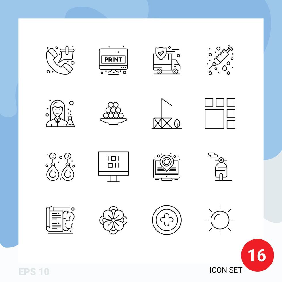 Universal Icon Symbols Group of 16 Modern Outlines of needle health print care security Editable Vector Design Elements
