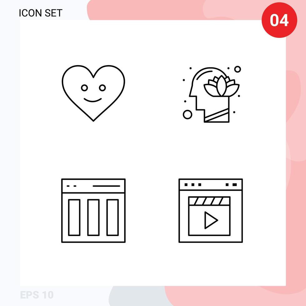 Mobile Interface Line Set of 4 Pictograms of love communication harmony lotus interface Editable Vector Design Elements