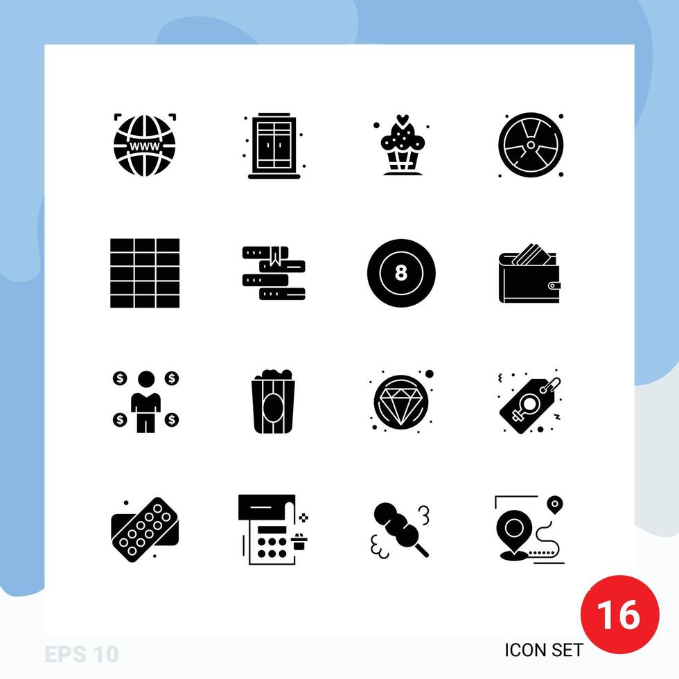 Group of 16 Solid Glyphs Signs and Symbols for books grid cupcake float fire Editable Vector Design Elements