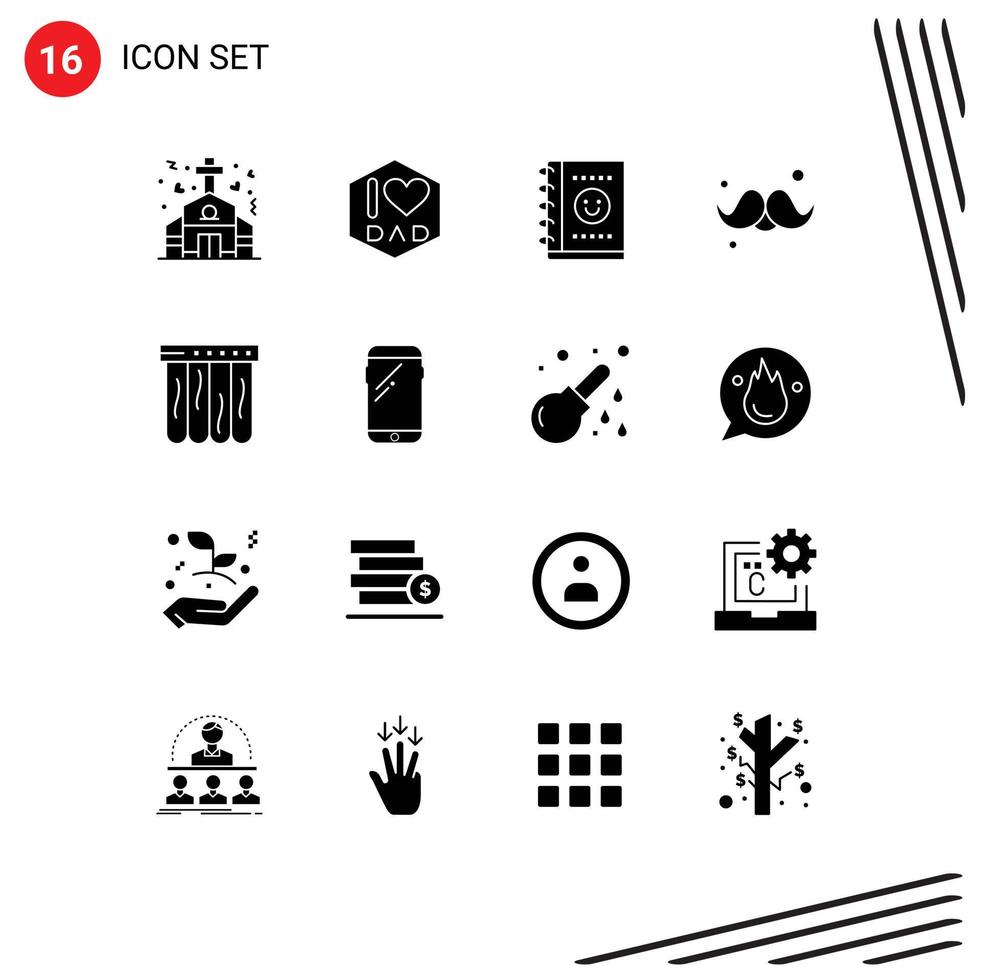 16 Thematic Vector Solid Glyphs and Editable Symbols of summer mattress office gentleman father Editable Vector Design Elements